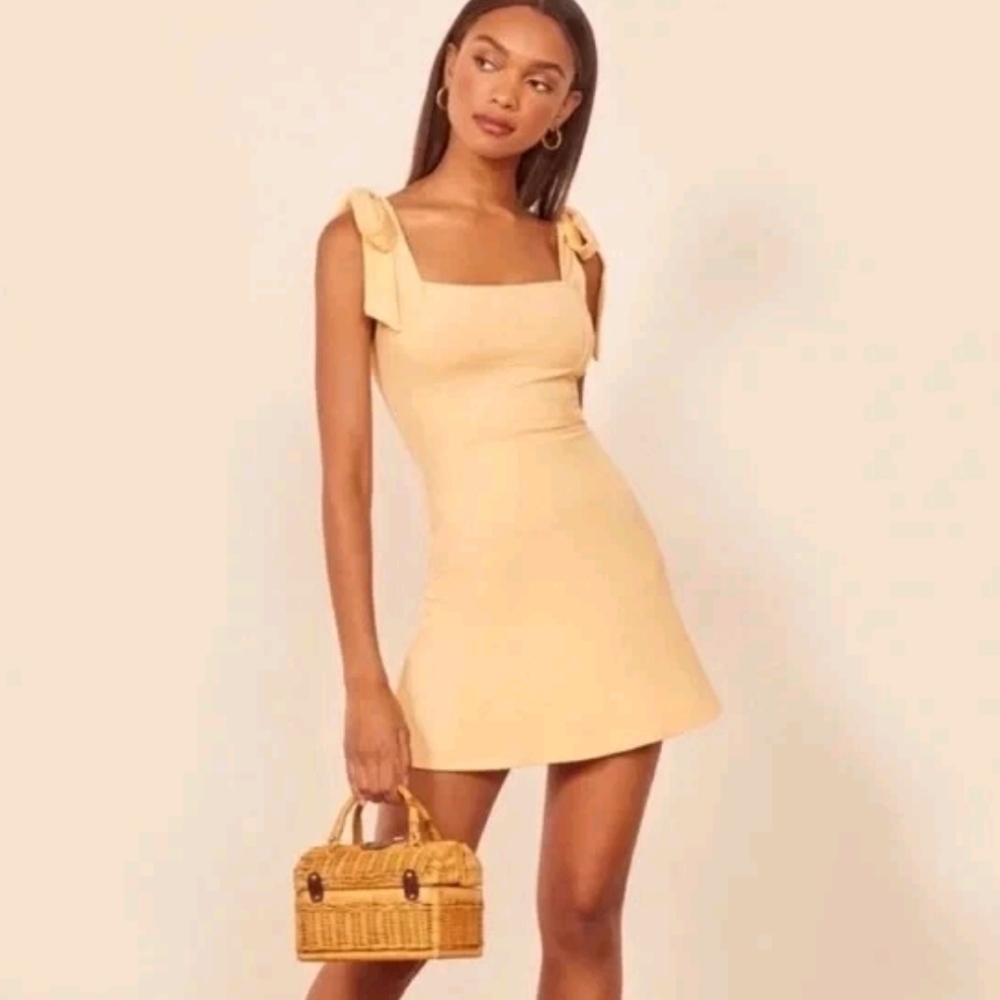 Reformation Liz Tie Shoulder Ribbed Mini Dress S Butter Yellow